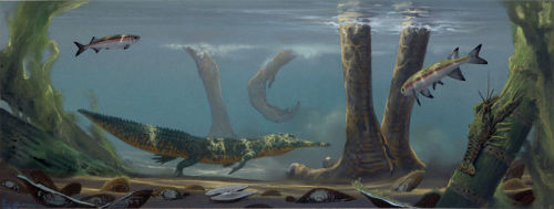 Coelophysis feet and Phytosaur by Doug Henderson