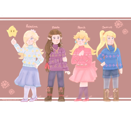 delusionsoffandom: Some of the girls of Nintendo with festive jumpers. (~Shani)