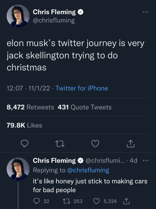 Chrisfluming on Twitter: Elon musk's Twitter journey is very jack skellington trying to do Christmas. it's like honey just stick to making cars for bad people