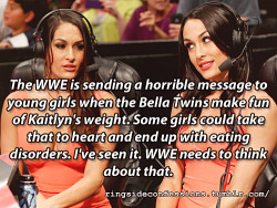 ringsideconfessions:  &ldquo;The WWE is sending a horrible message to young girls when the Bella Twins make fun of Kaitlyn’s weight. Some girls could take that to heart and end up with eating disorders. I’ve seen it. WWE needs to think about that.&rdquo;