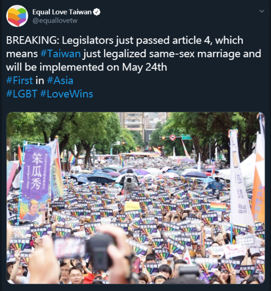 tomhollandcouk:  tomhollandcouk: HELLO???????? TAIWAN HAS OFFICIALLY LEGALIZED SAME SEX MARRIAGE. AKA THE FIRST IN ASIA I SWEAR TO YALL PLEASE DON’T SLEEP ON THIS IT’S A HUGE STEP FOR NOT ONLY TAIWAN BUT ALSO THE ENTIRE ASIA. WE MADE IT AND THERE
