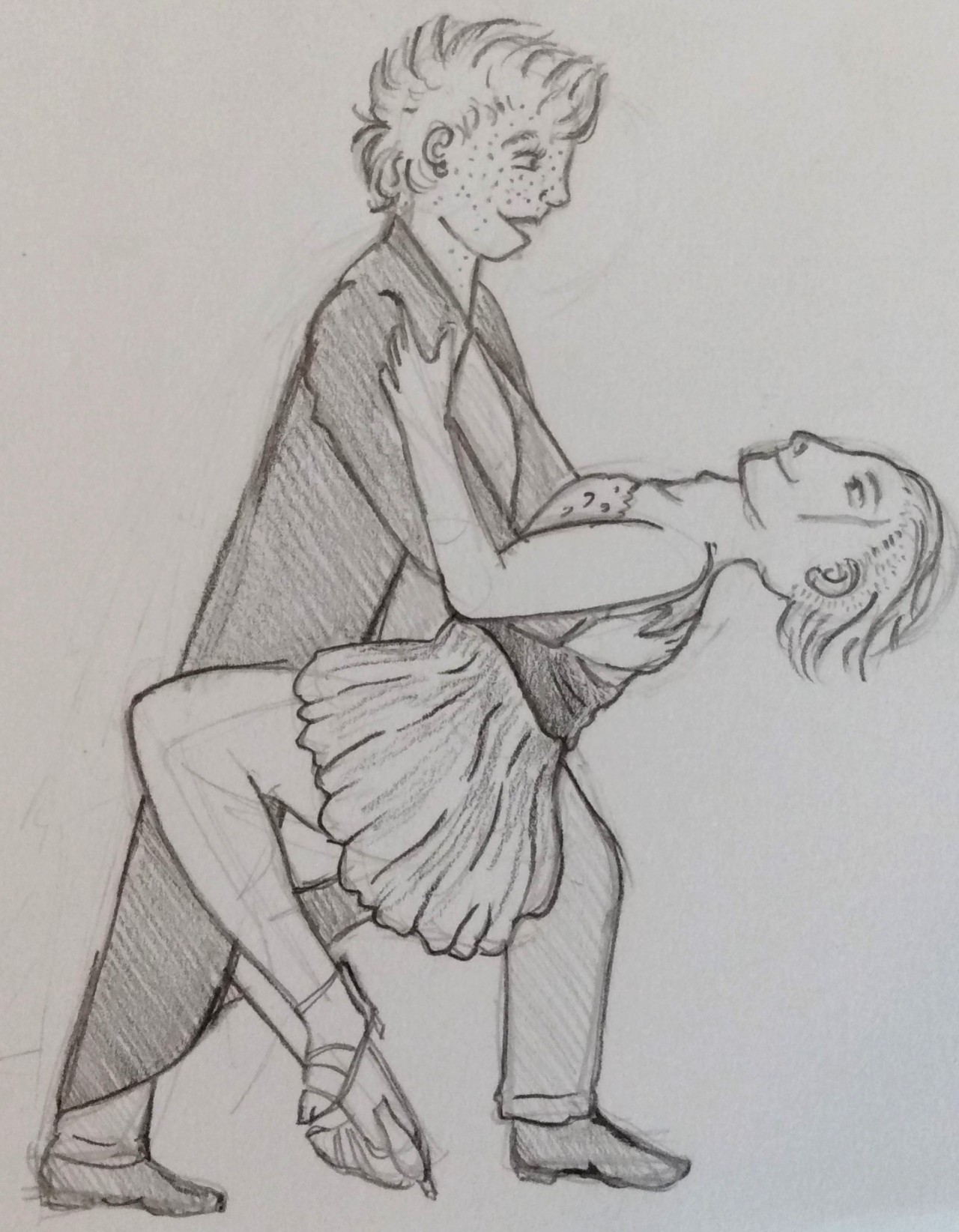 A pencil drawing of Draco and Ginny. Ginny dips Draco in a dance move. She has short hair and is wearing dress robes. Draco is in a coctail dress and short heels. They are grinning at each other.