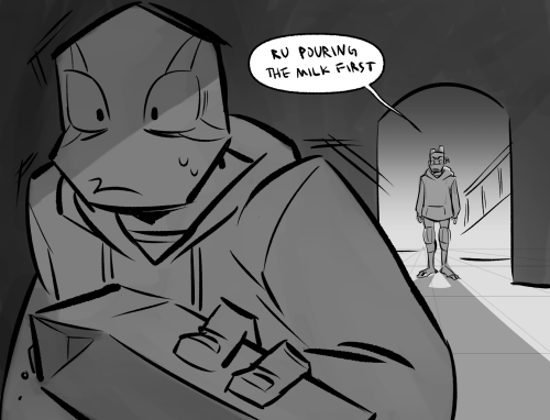 A ROTTMNT drawing of Leo frozen in fear while holding an opened carton of milk, allegedly trying to make cereal. Donnie stands in the doorway of the kitchen behind Leo, casting an ominous shadow. Above Donnie is a speech bubble with the text: "are you pouring the milk first?"