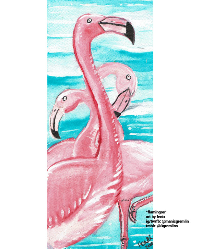 watercolor illustration of three flamingos standing against a horizontal abstract blue, teal and white bg. The flamingos are mostly pink with white highlights in their feathers