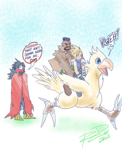 barretwallace-appreciation:  Artist: robaato Title: &ldquo;How DO All Party Members Ride the Chocobo?&rdquo; Video game logic. 