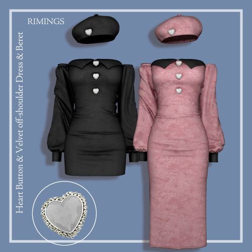 rimings: [RIMINGS] Heart Button &amp; Velvet off-shoulder Dress &amp; Beret - FULL BODY 2 / 