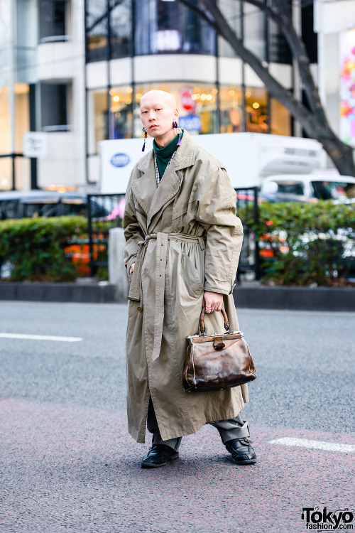 Japanese musician/actor/model Shouta on the street in Harajuku wearing a vintage overcoat with layer