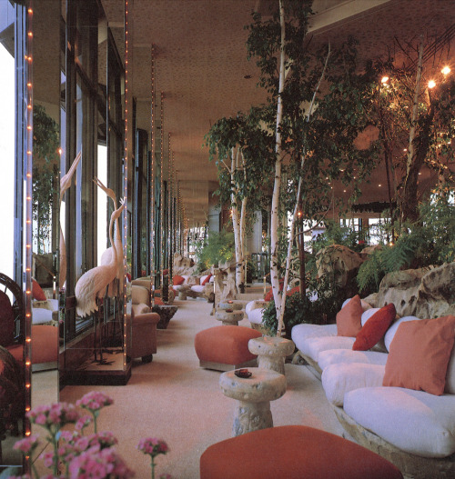 newwavearch90:  ’The Oz Disco’, top floor of the Hotel St. Francis, SF (1980)A ‘forested disco fantasy’, composed of vertical mirrors, twinkling disco lights, faux rock formations, and various flora &amp; fauna. Designed by Joszi MeskanScanned