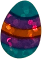 sticker of a blue egg with orange and purple bands. it has a shiny foil finish.