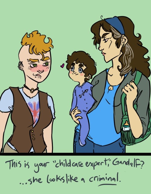 icefeels:  Meanwhile Kili’s like “I LIKE YOUR FACE” drawing this I came up with this whole AU where Thorin’s raising her sister’s kids and lives next to the Ri brothers and she’s like “I NEED A LIVE IN NANNY GANDALF PROVIDE ONE” and Gandalf’s