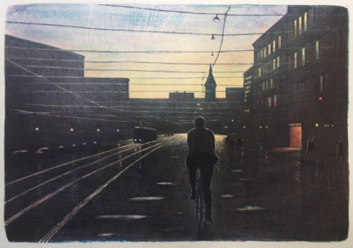 Evening Biker  -   Mikael Kihlman  Swedish,b.1953-lithography on stone, 37,5 x 53,5 cm