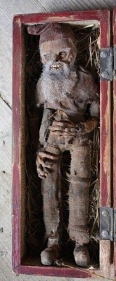 Swedish Hustomte: The Naturally mummified body of a swedish &ldquo;Hustomte&rdquo; or housegnome. dated 1866 ~Hustomten comes from scandinavian folklore and is a gnome that is said help the farmer and cares for the lifestock, he has a fierce temperament