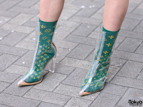 tokyo-fashion:  18-year-old Emile on the street near Bunka Fashion College in Tokyo wearing a pink blazer and biker shorts, clear Yello boots with LV logo socks, a Nana-Nana “Trash Box” tote, Ambush, Pinnap, and Kobinai items. Full Look