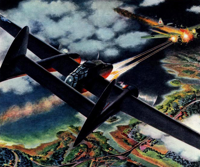 sgtwilkerson:  The Black Widow snares an Axis fly!  Detail from 1944 Oldsmobile