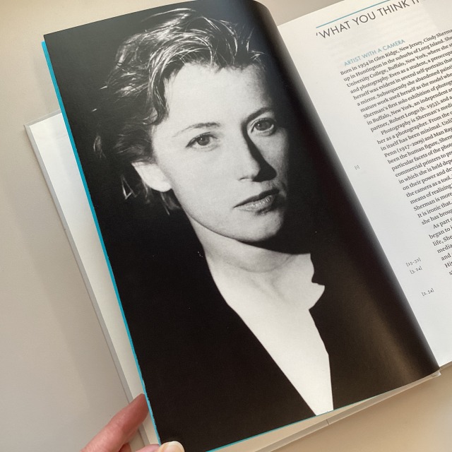 Black and white photograph of Cindy Sherman, close-up.