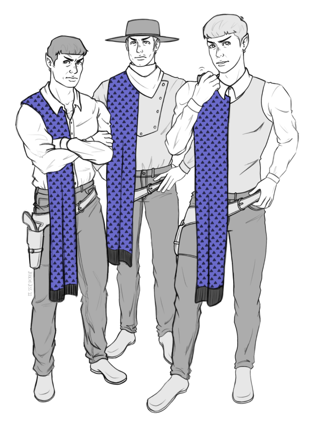 a drawing of three romulans dressed in wild west cowboy gear, they still have their blue romulan sashes (scarves?) from the original series