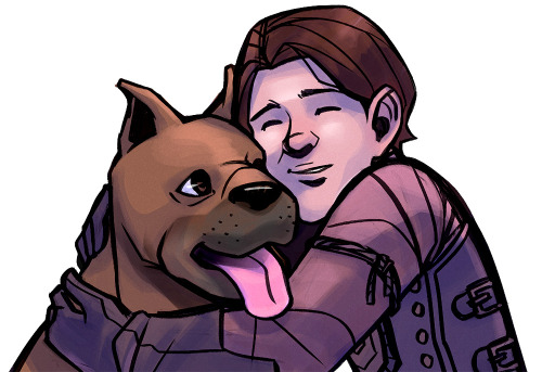 exmakina:Wanted to draw Kieran… but with a smile, so I decided he’d be hugging Dog. :P(bonus Morriga