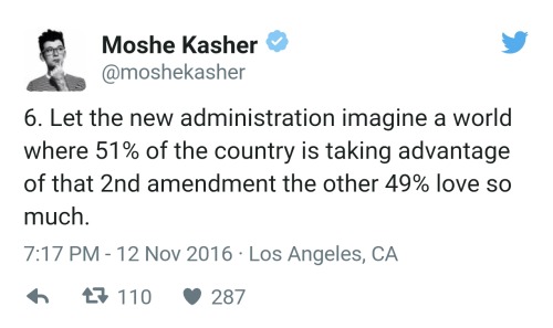 [Screenshots of a series of tweets by Moshe Kasher (twitter user moshekasher), as follows:1. There&r