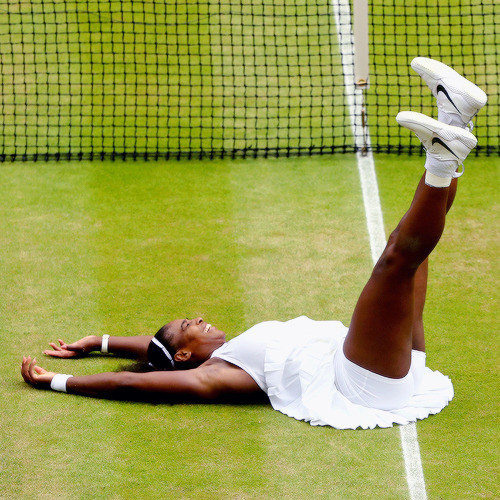 oliviergiroudd:  Serena Williams of The United States celebrates victory following The Ladies Singles Final against Angelique Kerber of Germany on day twelve of the Wimbledon Lawn Tennis Championships at the All England Lawn Tennis and Croquet Club on