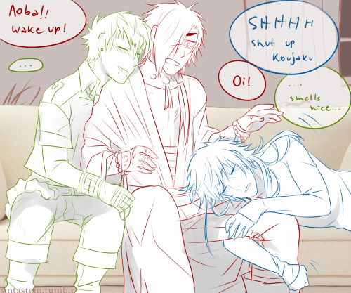 sintastein:  Aoba and Noiz get drunk af and Koujaku has to deal with their shit.png aka i’m fucking tired of drawing their horrible shoesif anyone has ever written a fic of this i would murder to read it please
