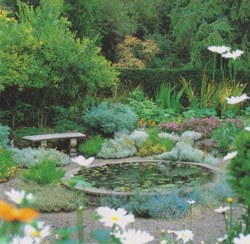 vintagehomecollection:““Dense planting over a large area creates a rich tapestry of soft colors and textures. A bench nestled in an intimate corner invites visitors to sit and enjoy the waterlily pool.”Home Landscaping: Ideas, Styles, and Designs...