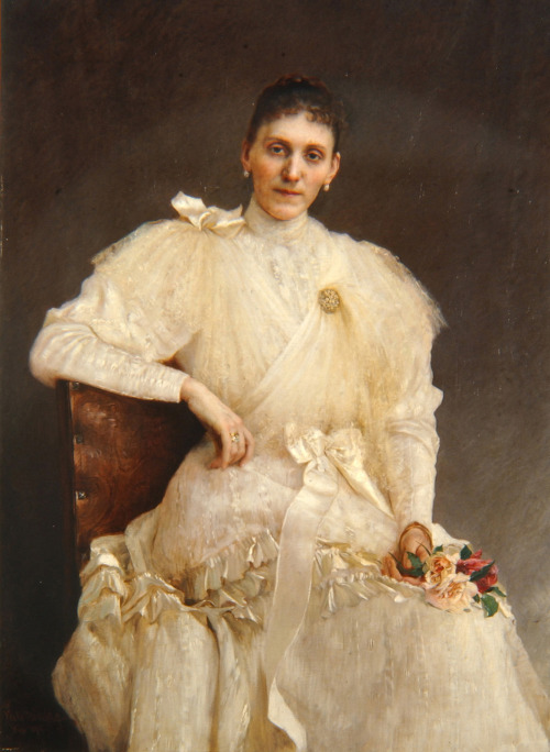 Portrait of a woman in a white dress by Vlaho Bukovac, 1894