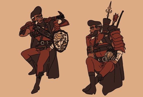 taz-ids:sablingart:Magnus showing off his arsenal of weapons and Steven! [ID] A red and brown toned 