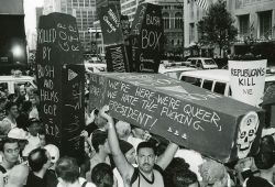 terror-billie:  youshalldomywonders:   “WE’RE HERE, WE’RE QUEER, WE HATE THE FUCKING PRESIDENT!,” AIDS Coalition To Unleash Power (ACT UP), New York City, 1990.   we gotta bring this sign back 