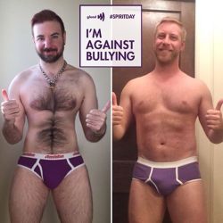 dirtyboymcqueen:  Pup and his sexy daddy @ryanbrown42 are against bullying #spiritday 🐶💜🐻