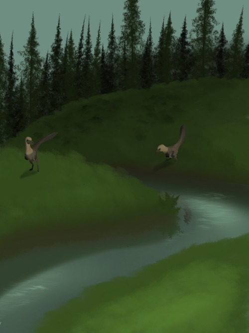 Another Addition To My Learning How To Do Landscapes Series. A Pair Of Dromeosaurs Crossing A Stream.