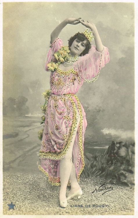 1900s Belle Epoque French Nadar Tinted Postcard Famous Courtesan Liane de Pougy in Dancing Pose, RAR