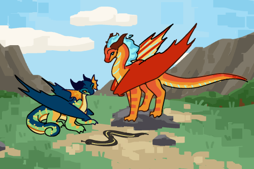 Wings of Fire fanart. A scene of a grassy clearing with trees and mountains in the background, under a blue sky with scattered clouds. Peril is standing on a rock, while Glory sitting on the grass besides her with her tail curled. Both are looking down at a black snake with a pair of yellow stripes down its back as it slithers past in the dirt.