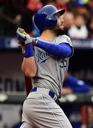 Eric Hosmer hits a RBI double during Game Two of the American League Championship Series on October 