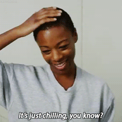 micnastty:  What is Love? Poussey: It’s just chilling, you know? Kicking it with somebody, talking, making mad stupid jokes. And, like, not even wanting to go to sleep ‘cause then you might be without ‘em for a minute. And you don’t want that.