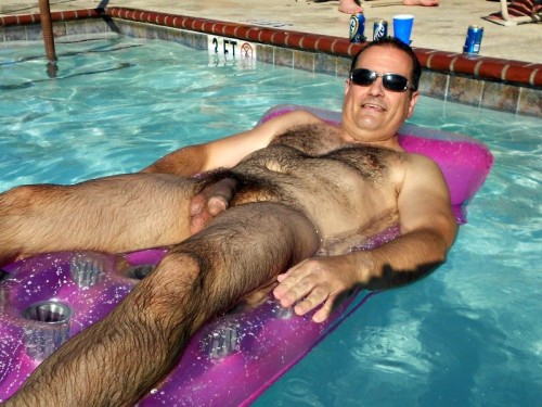 averagedudenextdoor: Middle-aged hairy dude floating and getting drunk