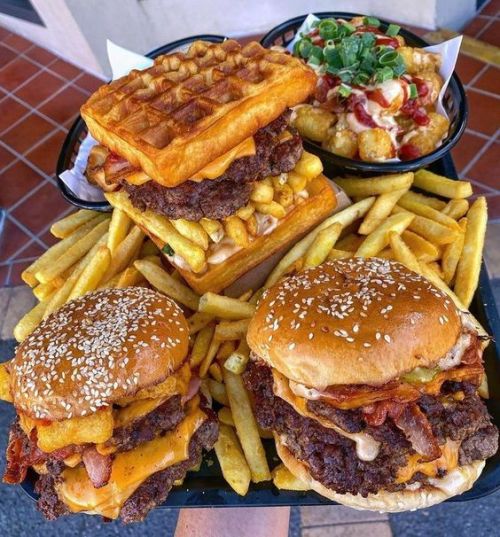 yummyfoooooood:Bacon Double Cheeseburgers and Waffle Cheeseburger woth Loaded Tater Tots and Fries