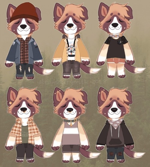 Outfit chart, and mood board for my OC joey. He’s a soft pup who works in a coffee shop in the