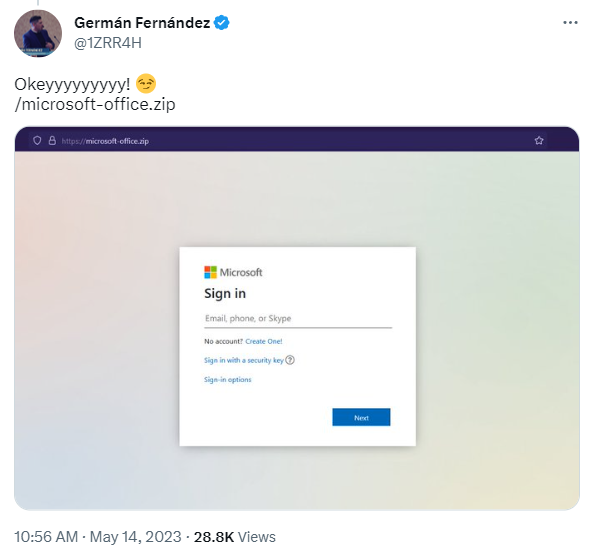 Screenshot of a tweet showing the newly register microsoft-office DOT zip. The new .zip website has a spoof of a Microsoift login page page asking for your usermname and password. https://twitter.com/1ZRR4H/status/1657807143393689601