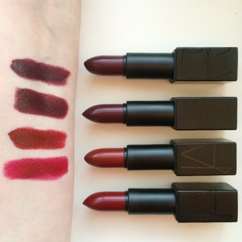 passionpout:  Swatches of the darker #NARSissist Audacious lipsticks I have. From the top Liv, Ingri