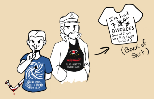 A cartoonish doodle of Elias and Peter, wearing two other TKO shirts from the Kickstarter Livestream. Elias's shirt says "Two can keep a secret if one of them is dead" with an image of a stick person falling into a spiral. Elias is holding a finger to his lips and a bloodied pipe behind his back. He has a smug look on his face. Peter's shirt says "Elias and Peter divorce court" with an image of an eye and red lines below. An arrow beside Peter points to another t-shirt that reads "I've had 3/4/5/7 divorces (and all I got was this lousy t-shirt)" with "3/4/5" crossed out. Text below the shirt indicates it's the back of Peter's shirt. Peter appears unamused.