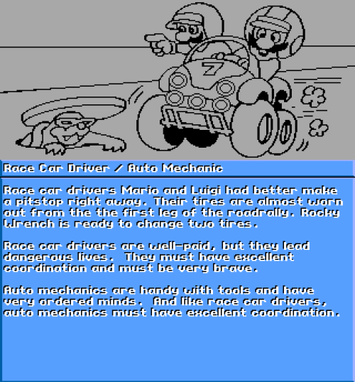 The Race Car Driver / Auto Mechanic coloring book page, from ‘Electric Crayon: Super Mario Bros &amp