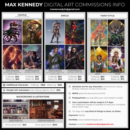 Commissions are open as usual, feel free to contact me for any questions by email maxkennedy24@gmail