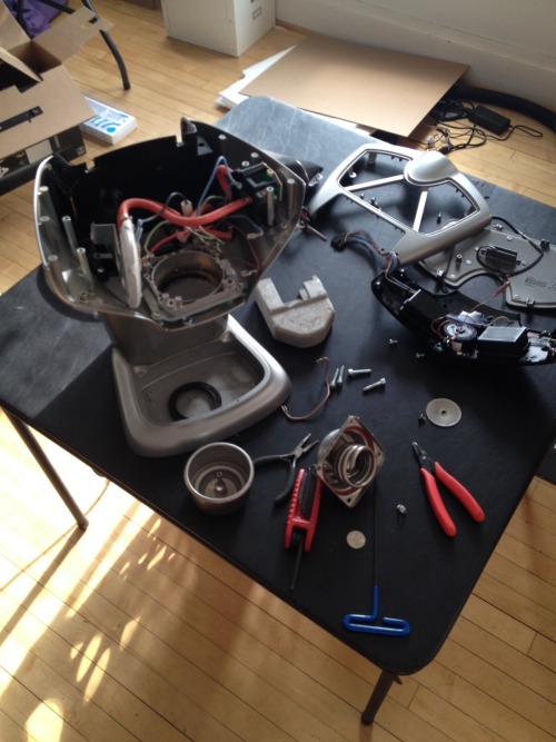 this is my broken, dismantled espresso machine. i’ve had her for a long time. she’s created many a wonderful drink.   it’s a little traumatic to see her this way, not gonna lie.    we’re getting repair parts but even then the odds
