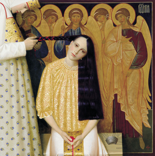 romebyzantium: ‘’The unplaiting of the hair’’ 1997, 100x100, oil on canvas - #AndreyRemnev #Russia