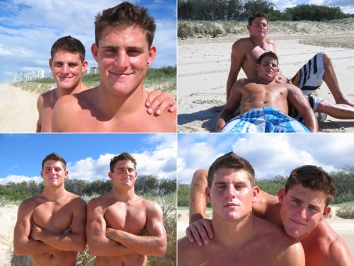 Australian lifeguard twins Jessy and Travis. There’s a pretty funny video of them sandwich-fucking a blow-up doll - can’t find any decent stills.