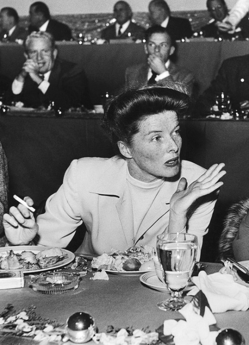 gregorypecks:Katharine Hepburn, among others, at MGM’s 25th Anniversary Luncheon, 1949.