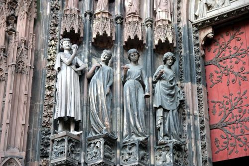 Gothic female sculptures on Cathedral of Strasbourg’s facade, c. 13th-14th century