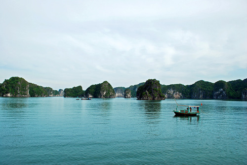 A junk boat calmly floats along the Ha Long Bay in the Cát Bà National Park, VietnamPhotograph by Li