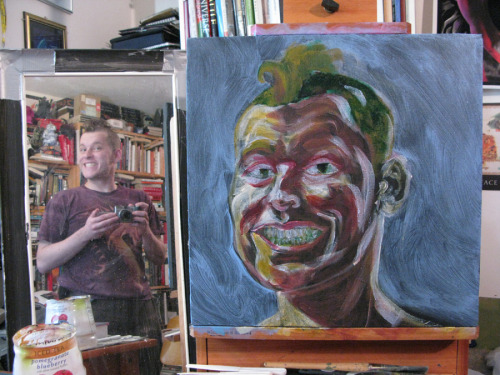 Here’s a process view of my latest self-portrait.  Golden acrylic paints on canvas.