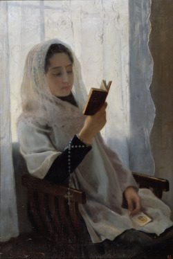 books0977:    Reading (1891). Joan Llimona (Spanish, 1860-1926). Oil on canvas. Museu Nacional d'Art de Catalunya.Joan was the brother of Josep, a sculptor. Trained in Rome, on their return they became part of the Catalan art scene, where they quickly
